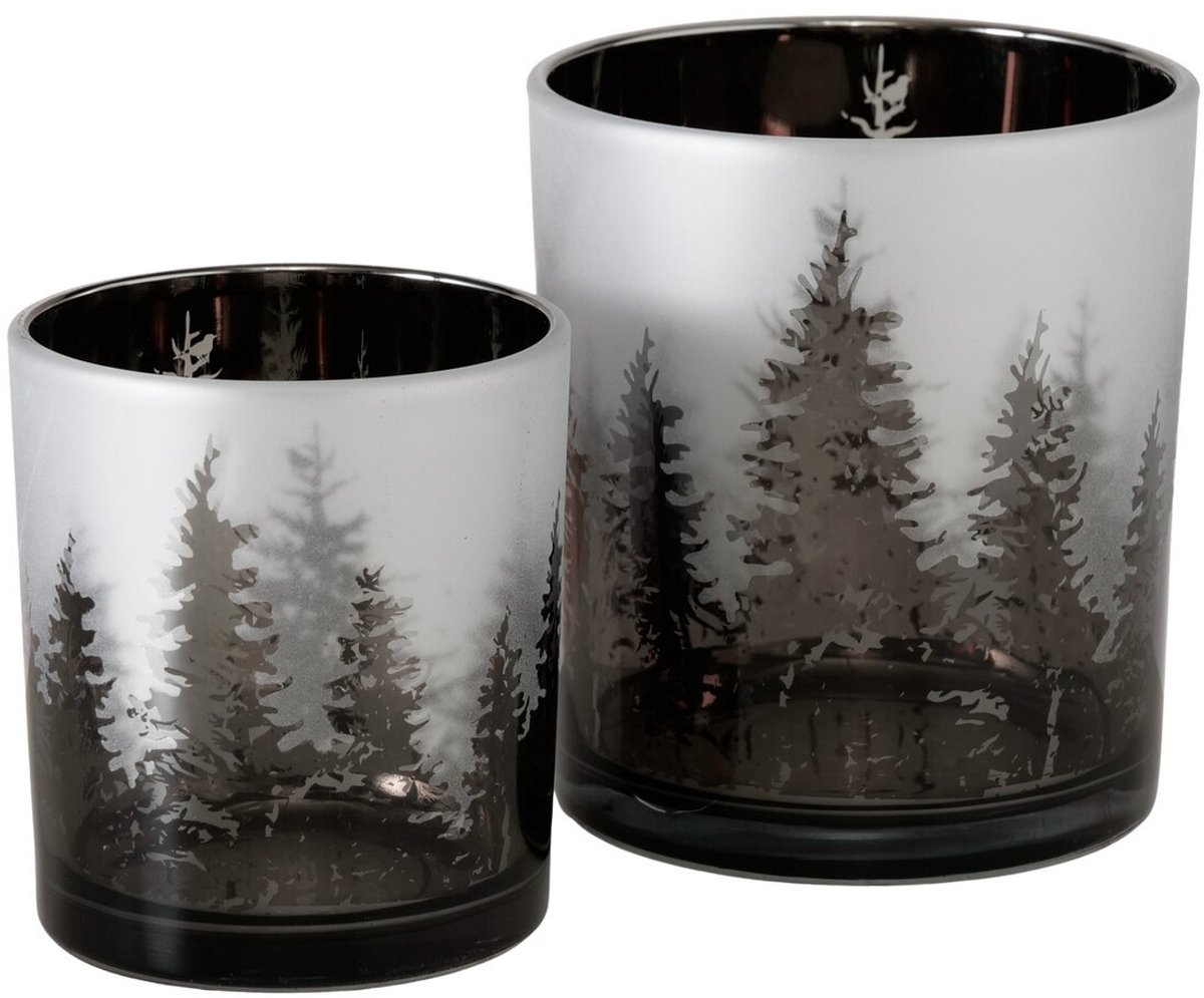 Boltze - Waxinelichthouders - Set van 2 - Glas - Groen/Zilver - 8 en 10 cm - Dennenbos - Herfst - Winter - Kerst