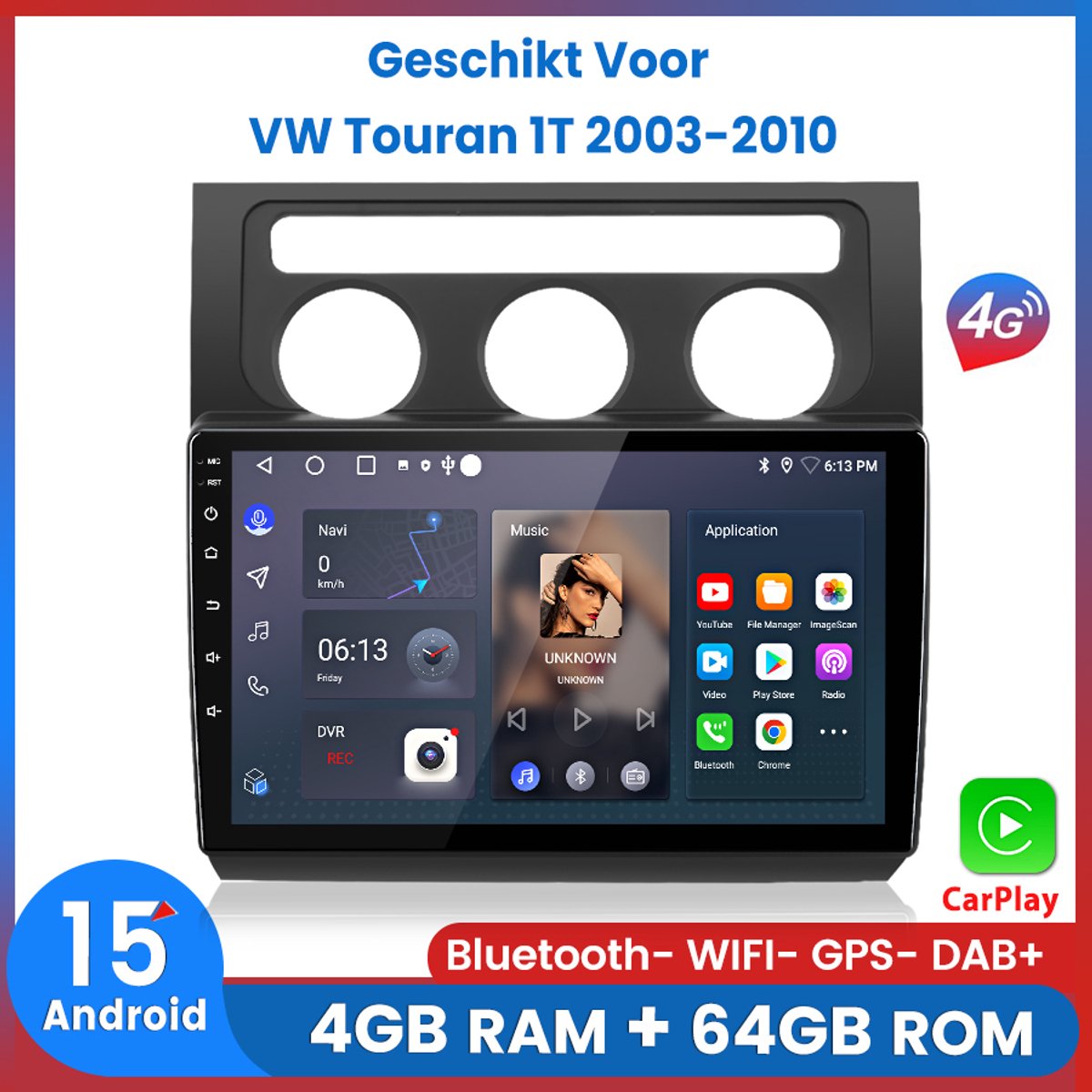 Awesafe 8-Core 4+64GB Autoradio - Geschikt Voor VW Touran 1T 2003 t/m 2010 - Draadloze Carplay Android Auto - Touchscreen - GPS Navigatie 4G WiFi Mirror Link FM RDS 32EQ DSP SWC - Bluetooth Radio - 2003 2004 2005 2006 2007 2008 2009 2010