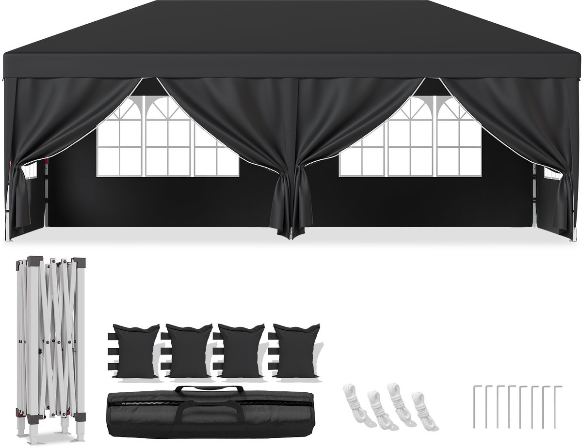 Partytent-Opvouwbaar Tuinpaviljoen 3x6 m met Zijwanden–30 seconden pop-up opzet-Waterdicht & UV-bestendig–opbergtas–Grijs