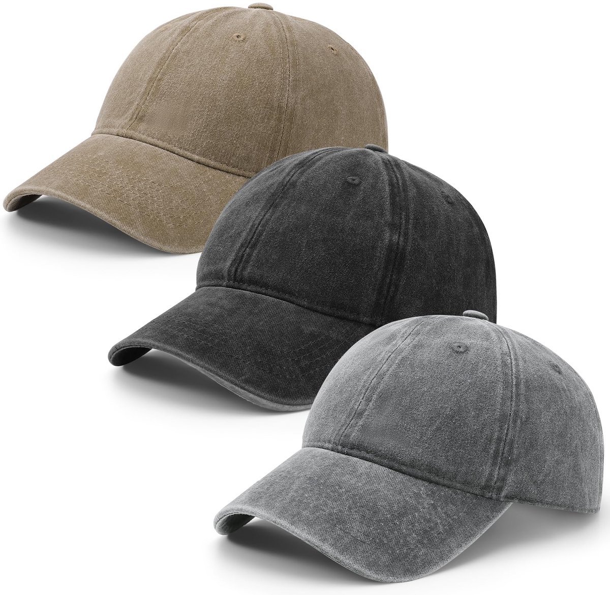 Casalora 3-delige Baseballpet – Jeanspet Unisex – Verstelbare Katoenen Pet – Zonnepet voor Dames & Heren – Kaki, Zwart & Lichtgrijs – Sport & Vrije Tijd