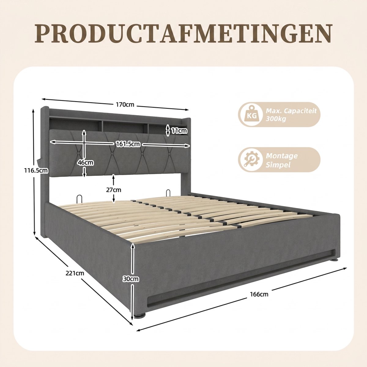 Gestoffeerd bed 160 x 200 cm - LED, USB-C en hydraulische opbergruimte - Grijs-Matras niet inbegrepen