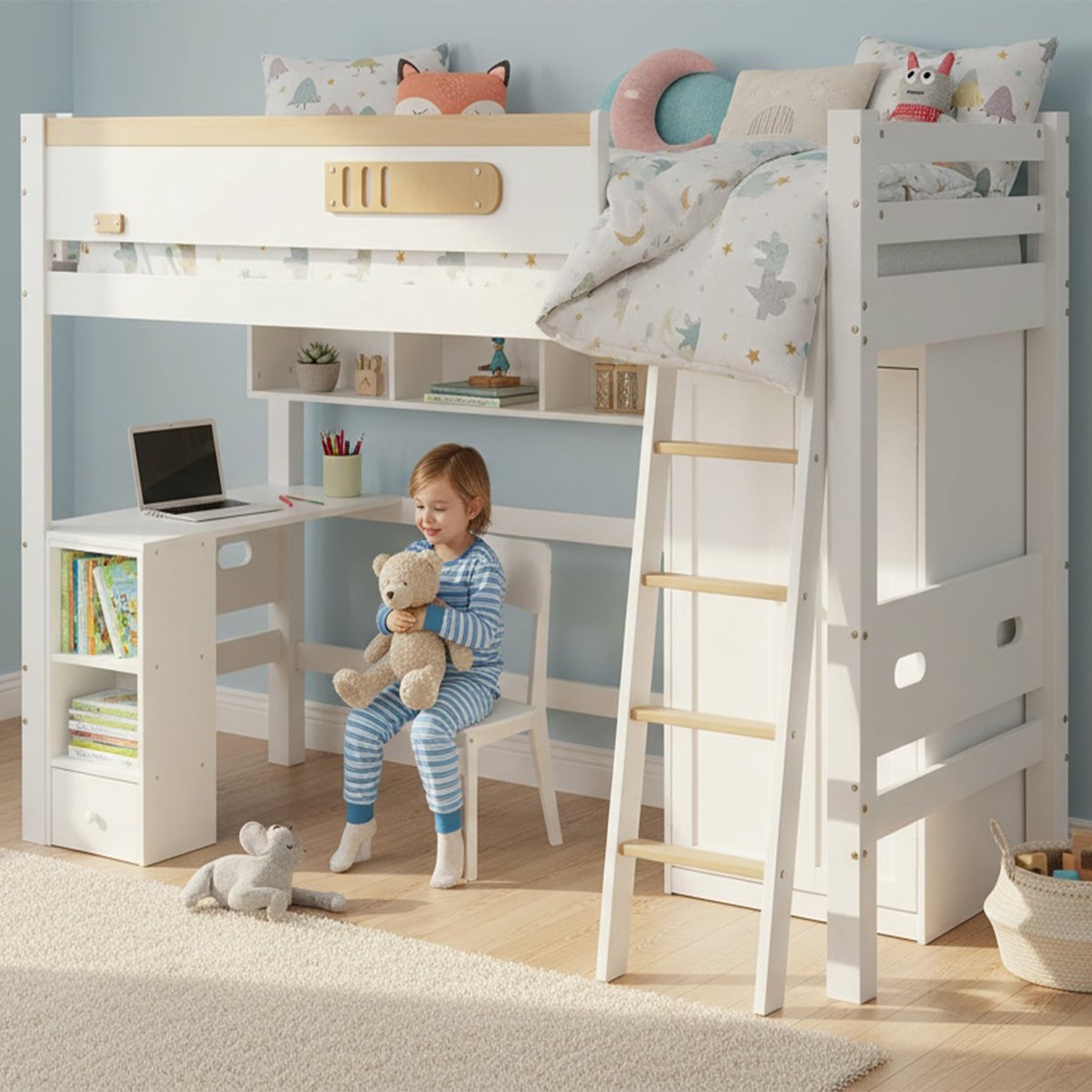 Hoogslaper 90x200 cm met Bureau en Kledingkast, Multifunctioneel Kinderbed met Opbergruimte en Uitvalbeveiliging - Grenenhout en MDF - Wit en Naturel