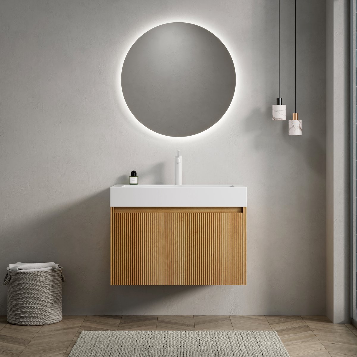 Hangend badkamermeubel 70 cm met wastafel - Mineraal giethars bekken - Naturel houtnerf & wit - 1 Lade met LED-verlichting en soft-close - Voorgemonteerd - Gestreept multiplex design