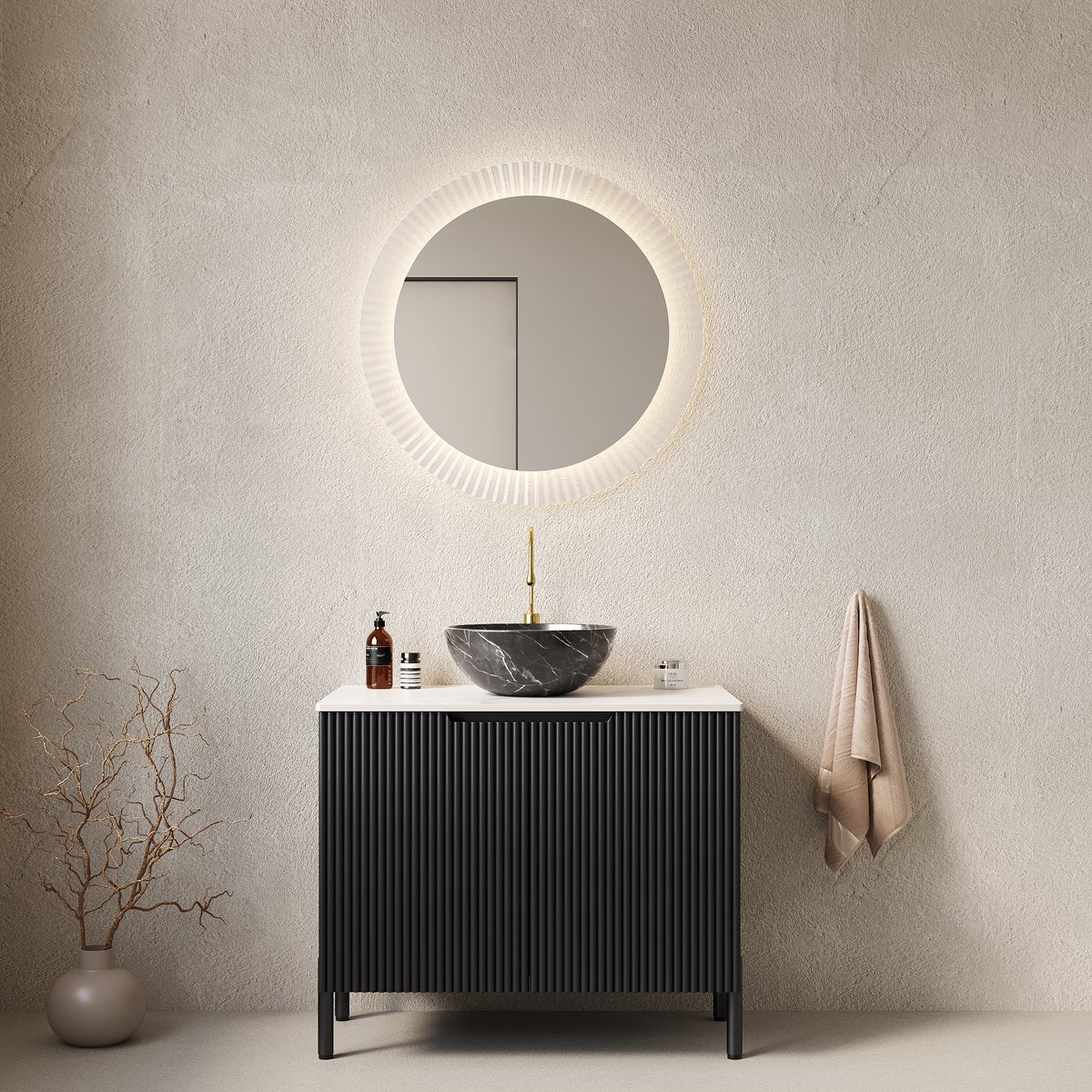Vrijstaand badkamermeubel met wastafel - 76 cm - Zwart & Wit - Carrara gesinterd stenen werkblad - Gestreepte soft-close deuren - Zwarte keramische waskom met steenpatroon