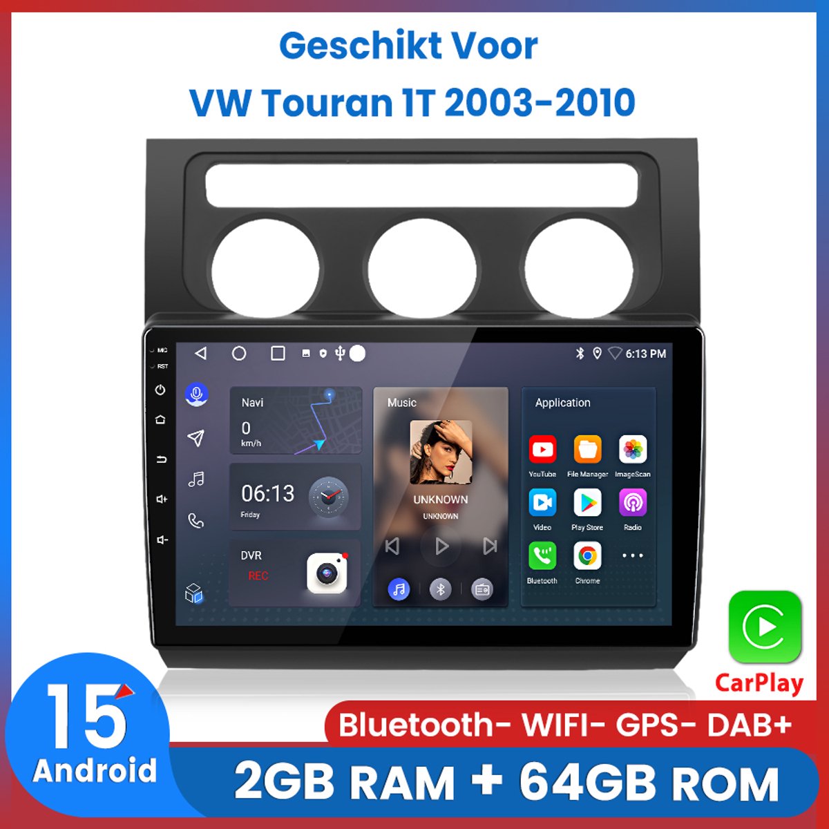 Awesafe Autoradio - Geschikt Voor VW Touran 1T 2003 t/m 2010 - 2+64GB 4Core - 10.1 inch Android 15.0 CarPlay Autoradio - Draadloos CarPlay & Android Auto - Bluetooth & WiFi - GPS Navigatie - 2003 2004 2005 2006 2007 2008 2009 2010