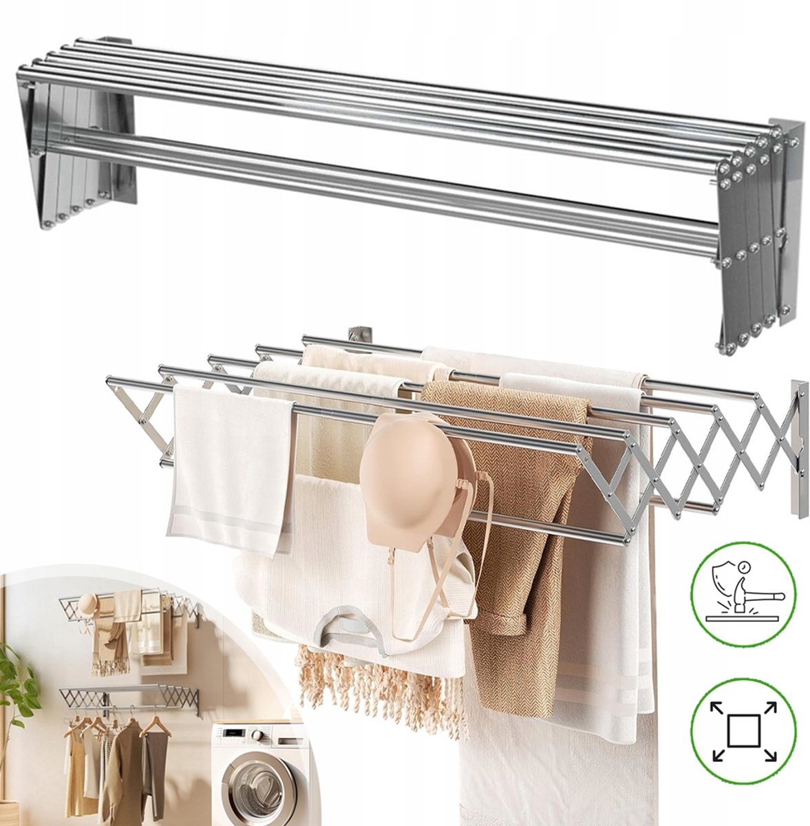 Opvouwbaar Aluminium Droogrek Met 7 Stangen - Roestvrij Wandmontage - Ideaal Voor Wasruimte, Badkamer En Balkon - Zilverkleurig