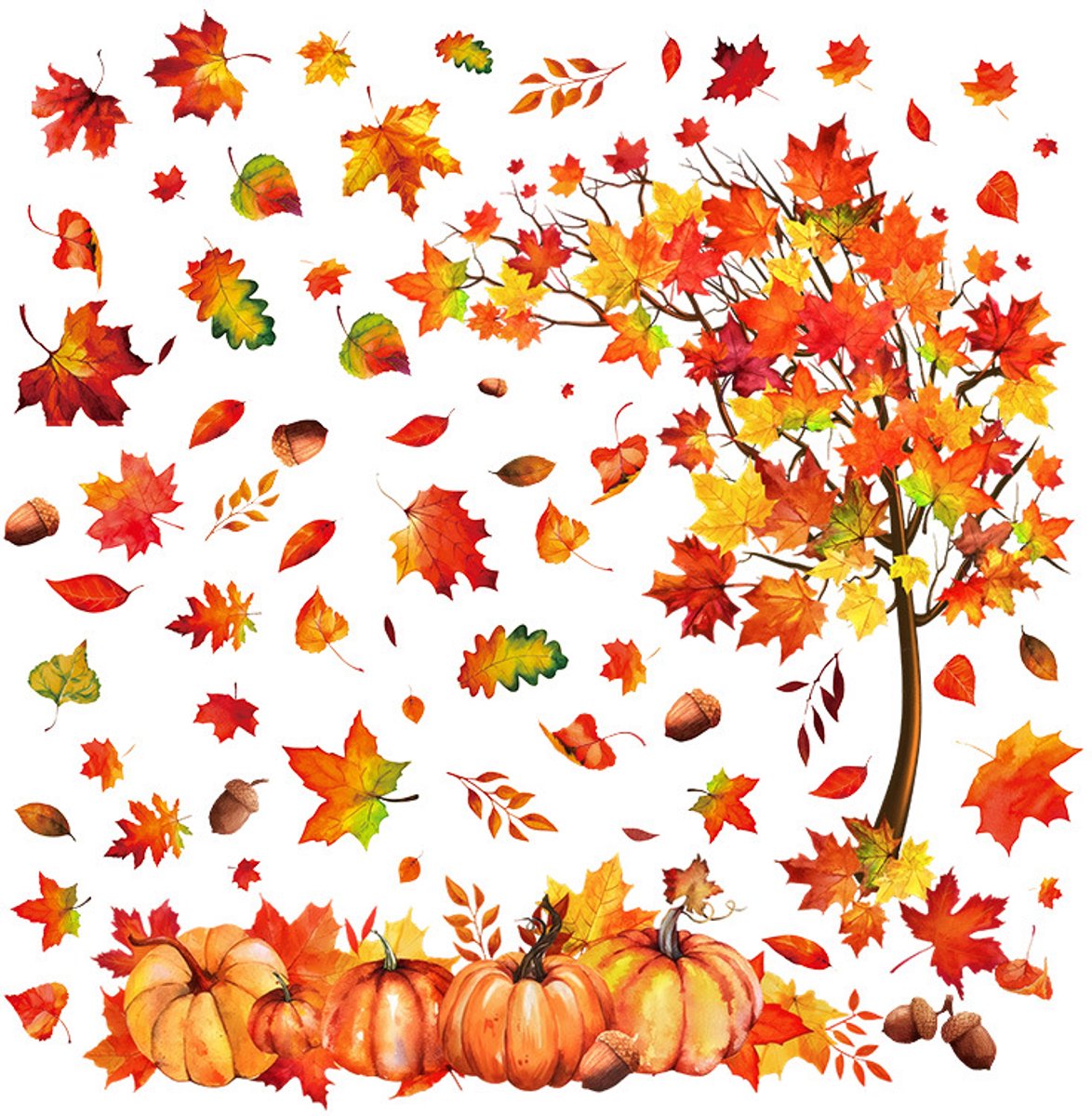 6 Herfst Raamstickers - Statische Hechting - PVC Materiaal - Met Esdoornbladeren, Pompoenen en Esdoornbomen - Voornamelijk Oranje-Bruine Kleuren - Geschikt voor Herfst, Thanksgiving, Thuis, School of Feestdecoratie