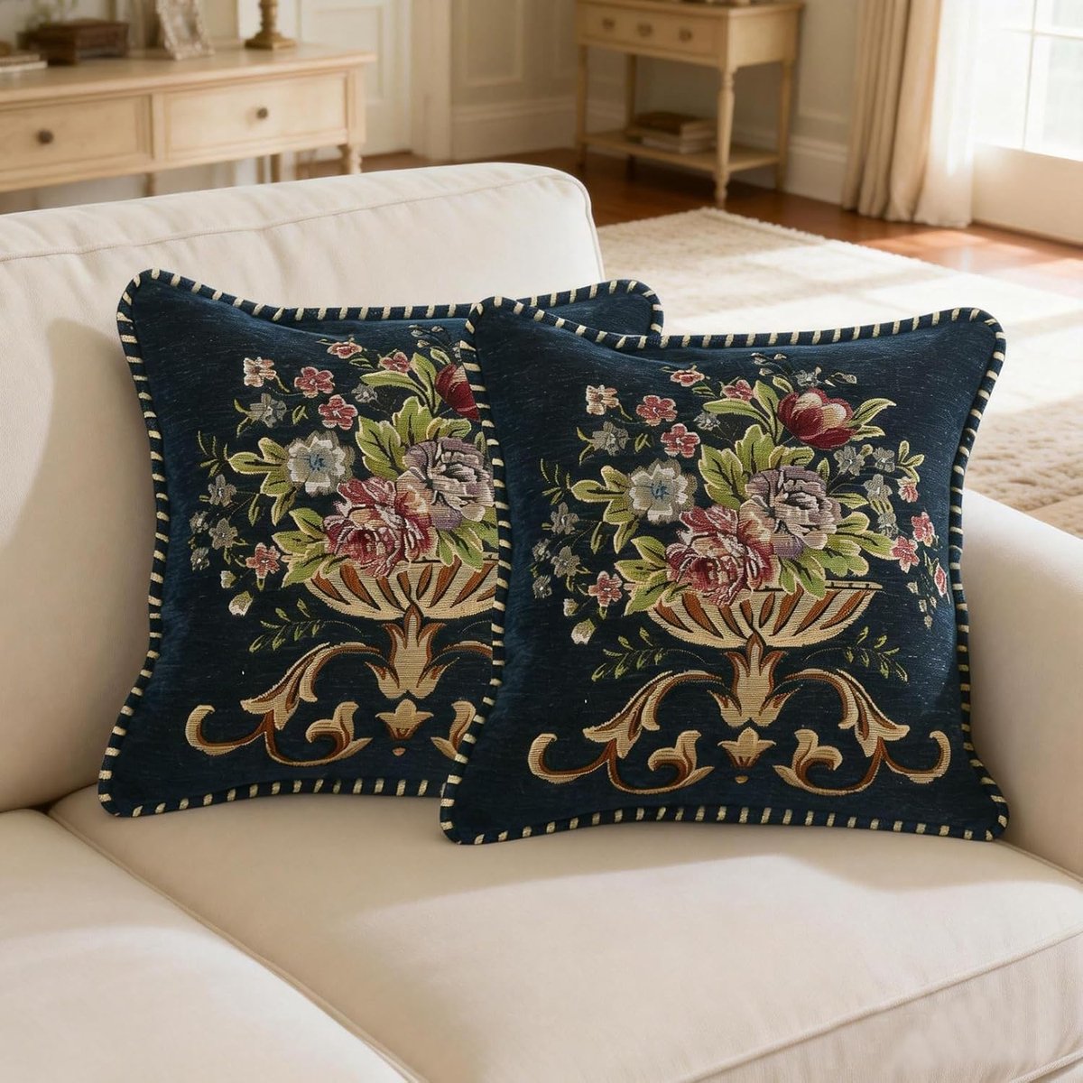 Set van 2 donkerblauwe gedecoreerde kussenslopen (kusseninzet niet inbegrepen) - 48 × 48 cm - Enkelzijdig bedrukt - Machinewasbaar - Bloemenpatroon - Geschikt voor banken, woonkamers, bedden, stoelen of auto-interieurs