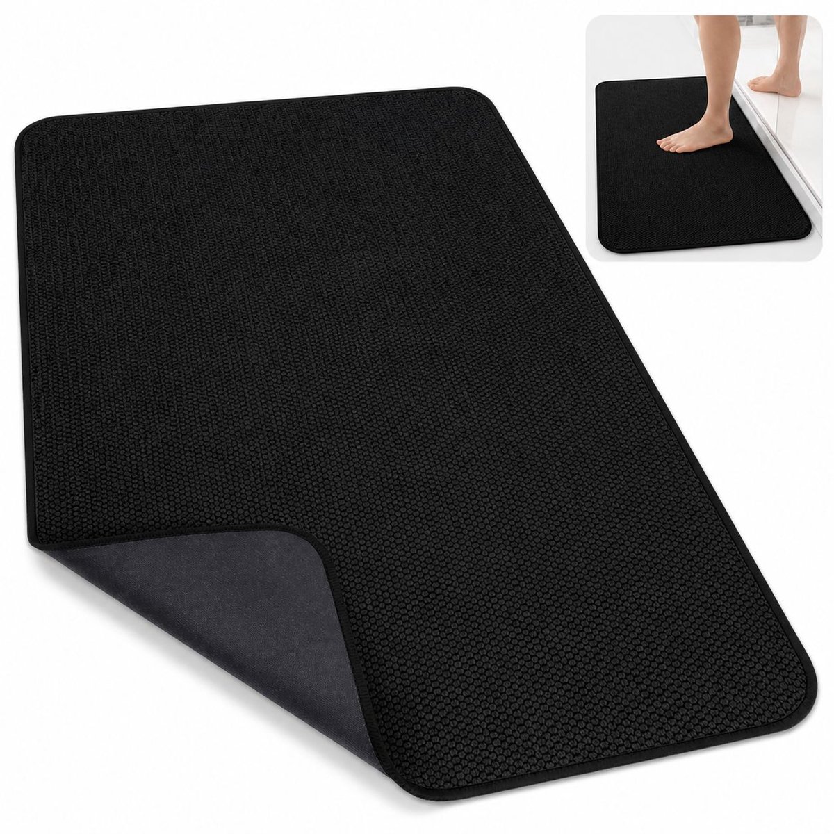 VHV - Badmat ultradun 16 x 24 inch - Absorberende antislip mat van badstof, machinewasbaar - zwart