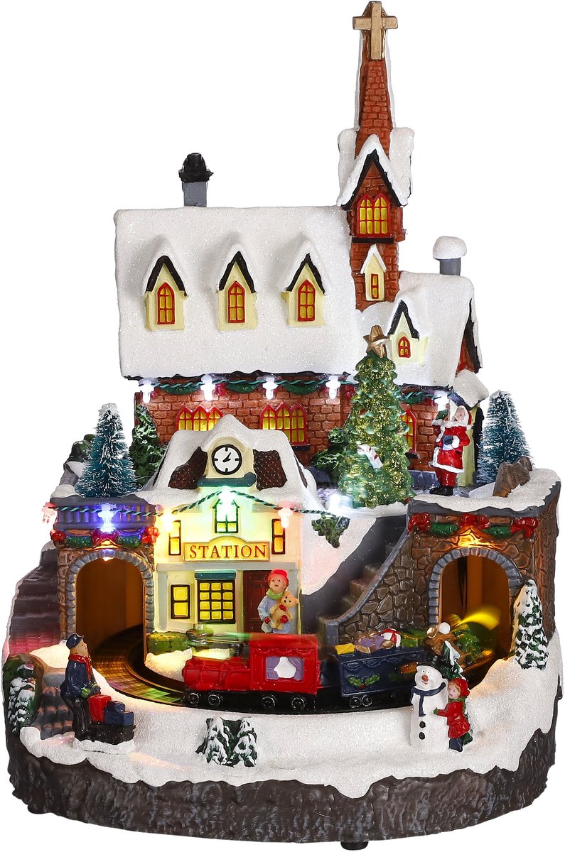 Luville Kerstdorp Miniatuur Treinstation - Kerstversiering voor Binnen op Batterijen - Kerst Decoratie voor Tafel, Dressoir of Vensterbank - L23,5 x B24 x H32,5 cm - Meerkleurig