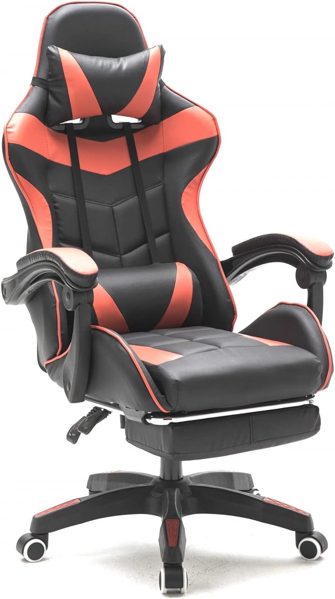 Bureau Stoel - Comfortabele Zetel - Thuiswerken Spelen - Met Verstelbare Voetensteun - 84 cm Hoog - Rood Zwart — afbeelding 5