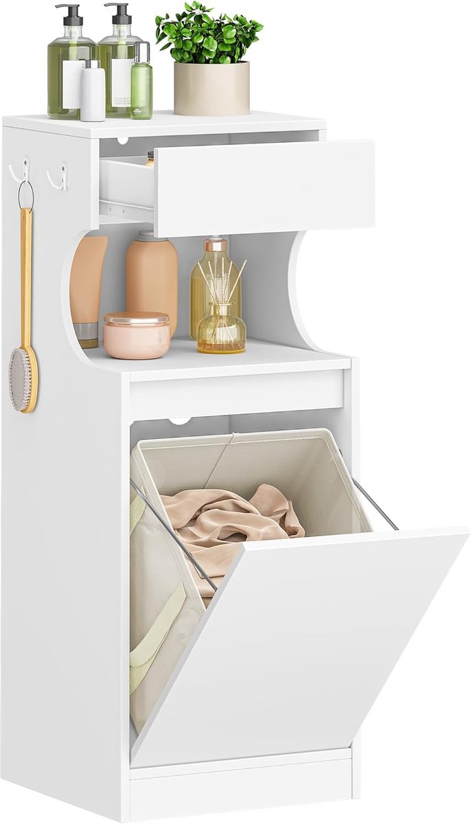 Hzuaneri badkamerkast met wasmand, waskast met lade. Badkamerkast met wasmand en open opbergruimte, voor badkamer, wasruimte, 40 x 40 x 100 cm wit