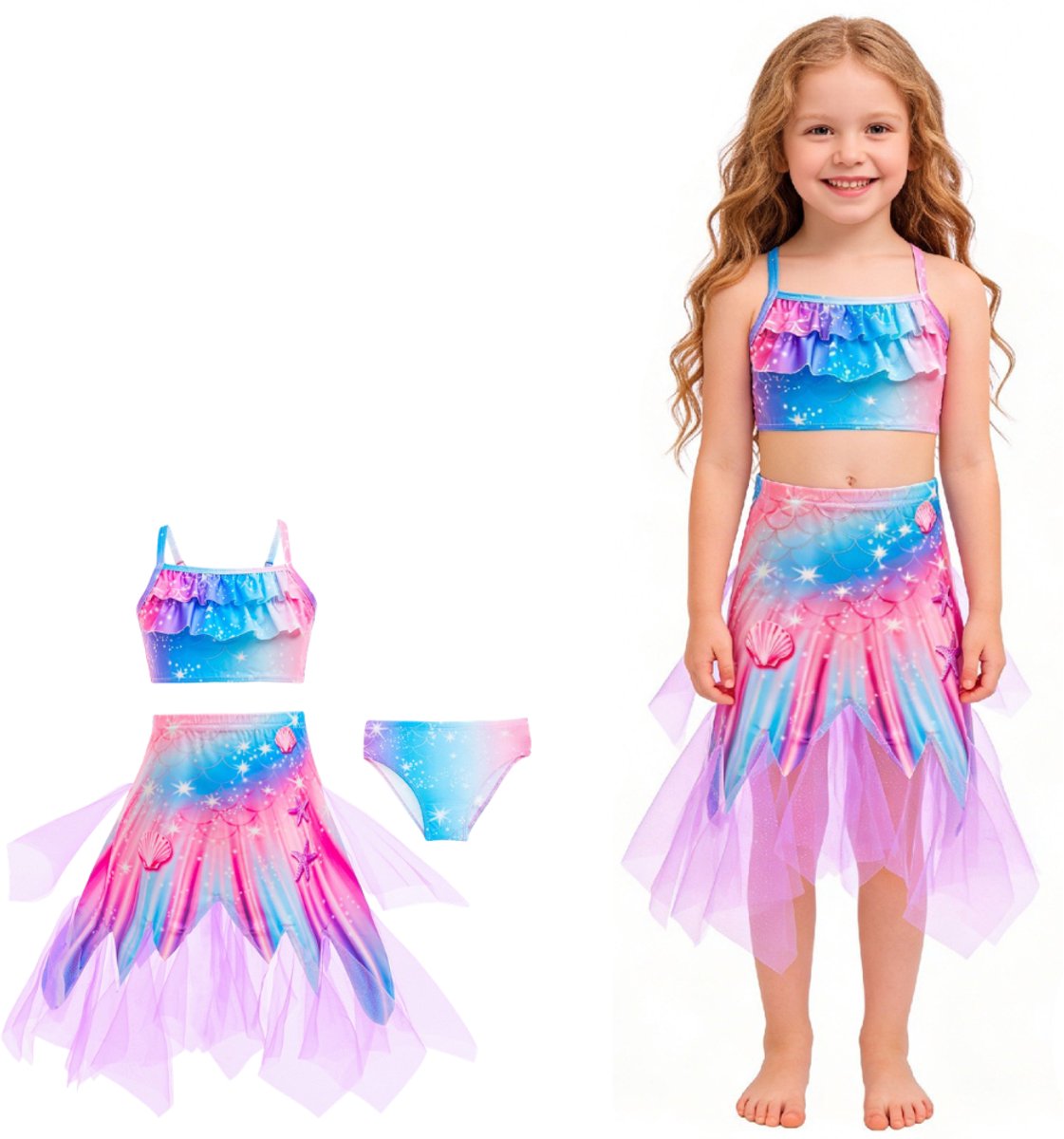 Joya Kids® Zeemeermin Bikini Meisjes met Zeemeermin Rok | 3-delige Bikini Set | Kinder Bikini met Franjes | Zeemeermin Verkleedset | Zwemkleding Meisjes Mermaid | Roze Blauw Paars | Maat 120