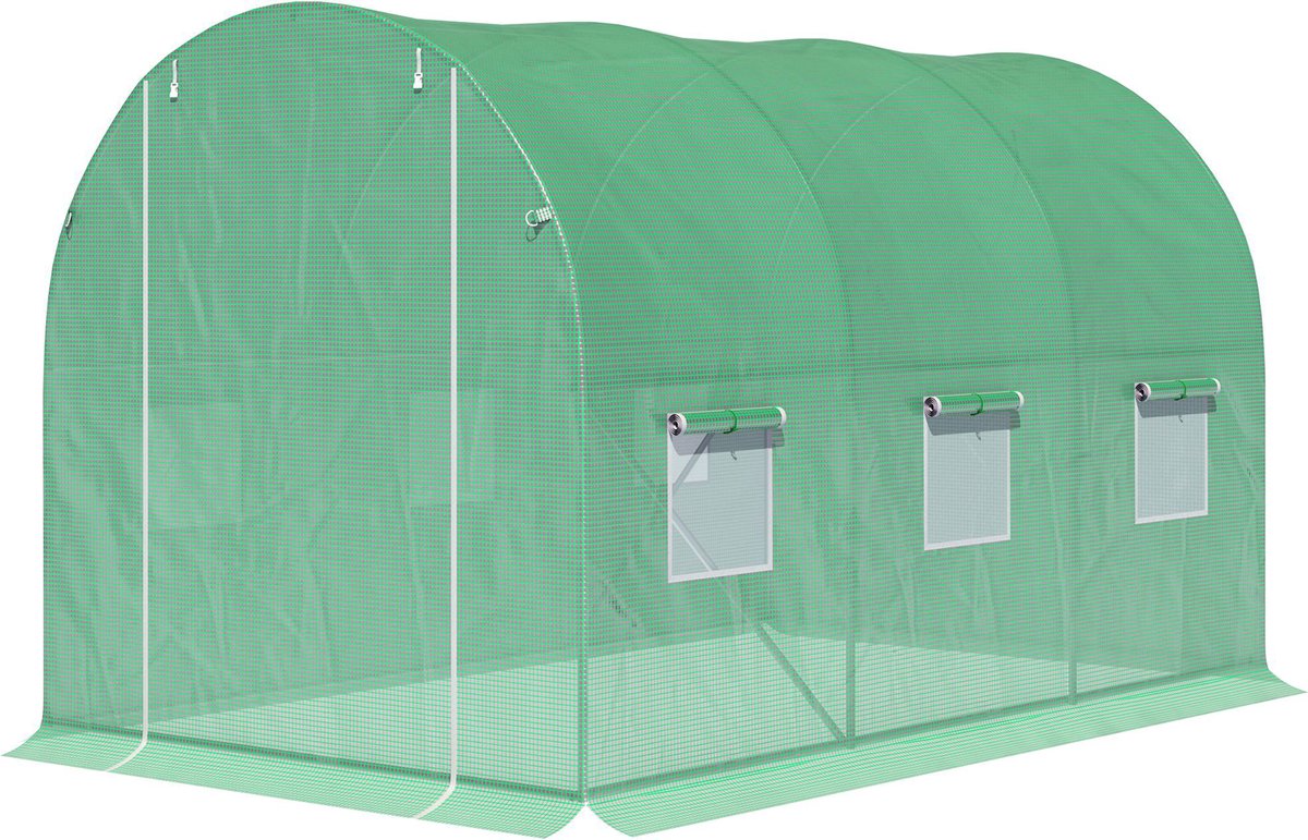 Tunnelkas, 6 m² vloeroppervlak, afmetingen 3 x 2 x 2 m, versterkt buisframe, draaideur, 6 oprolbare ramen, groen