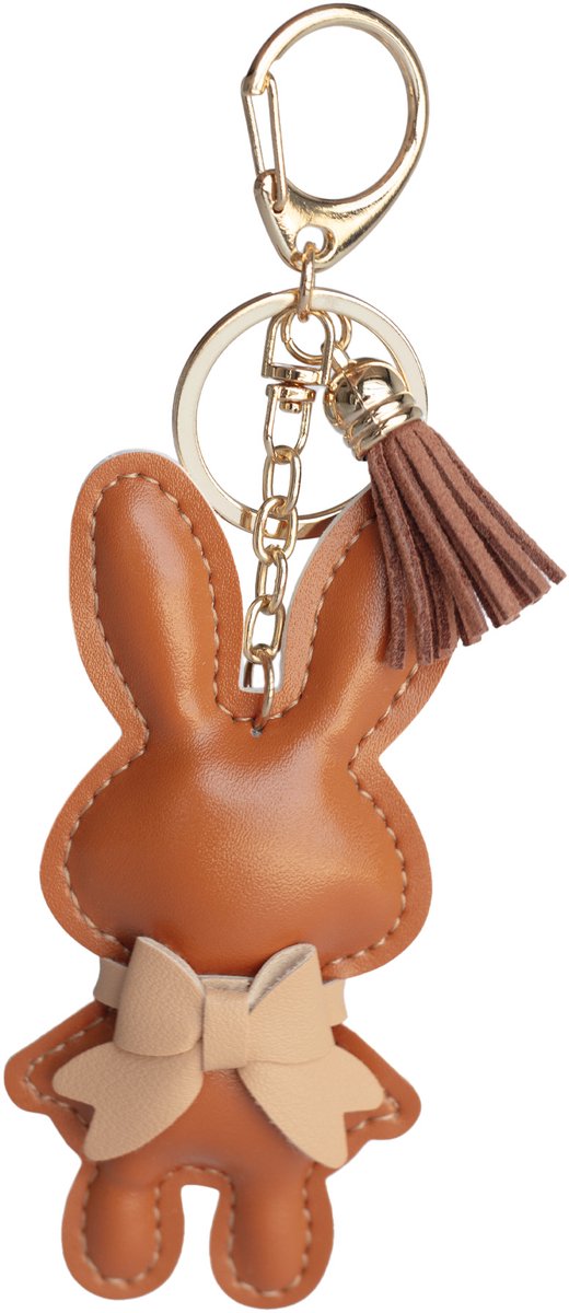 Konijn Sleutelhanger Bruin - Kunstleren Bag Charm - Tas Hanger - Konijn Accessoire met Strikje