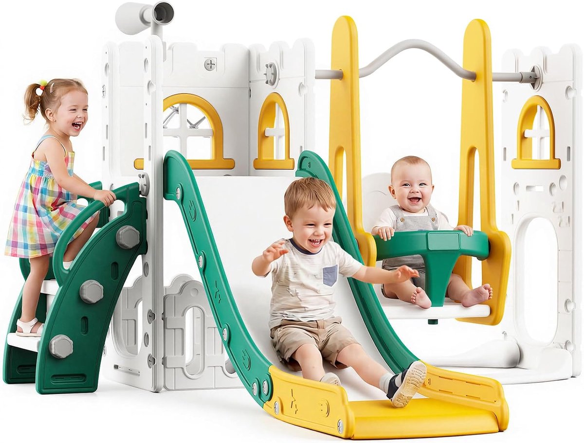 Triumpunpre - Kinder speeltoestel 7-in-1 - glijbaan en schommel multifunctioneel - antislip treden - telescoop en opbergruimte - Oranje en Groen