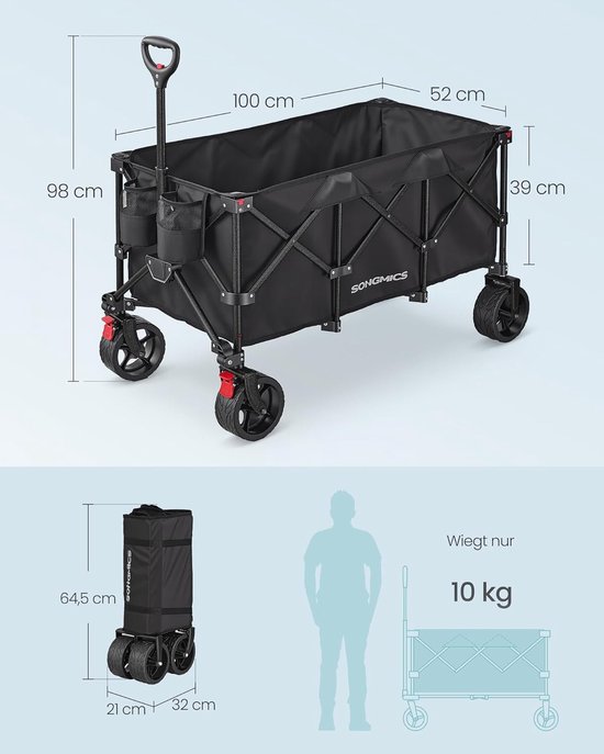 SONGMICS GFW200B101 Opvouwbare handkar, tuintrolley, campingtrolley met handvat, 4 afneembare wielen, voor buiten, tuin, 200 liter, maximaal draagvermogen 150 kg, inktzwart van Songmics — afbeelding 5