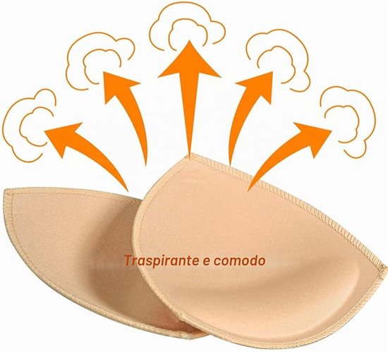 Twee beige, driehoekige bh-pads met oranje pijlen die luchtcirculatie aangeven.