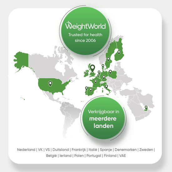 Wereldkaart met groene markeringen in Europa en Noord-Amerika. Tekst: WeightWorld, Trusted for health since 2006. Verkrijgbaar in meerdere landen.