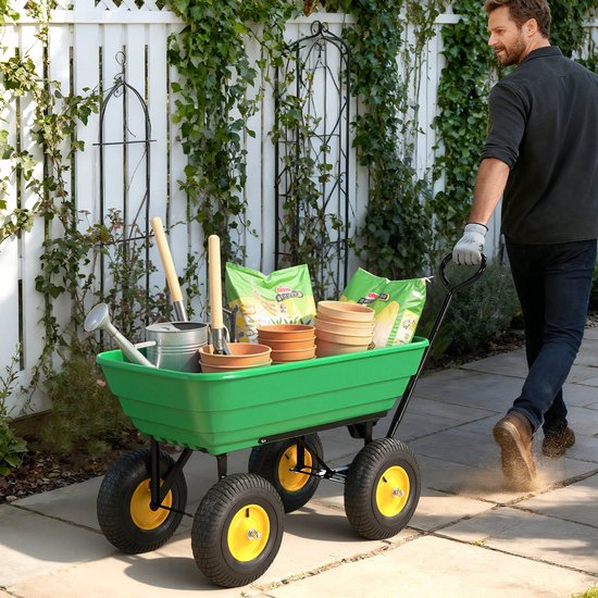 Tuinwagen, handwagen, kantelbaar, 75°, 75 l, max. 200 kg - 4 luchtwielen, PP-staal, geel-groen — afbeelding 5