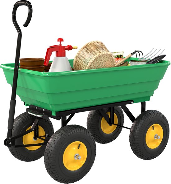 Tuinwagen, handwagen, kantelbaar, 75°, 75 l, max. 200 kg - 4 luchtwielen, PP-staal, geel-groen — afbeelding 2
