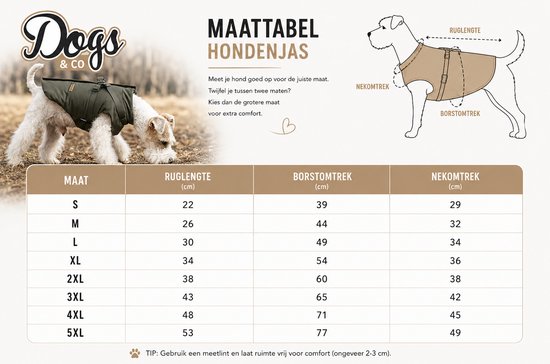 Maattabel voor een groene hondenharnasjas, met illustraties en maten in cm.