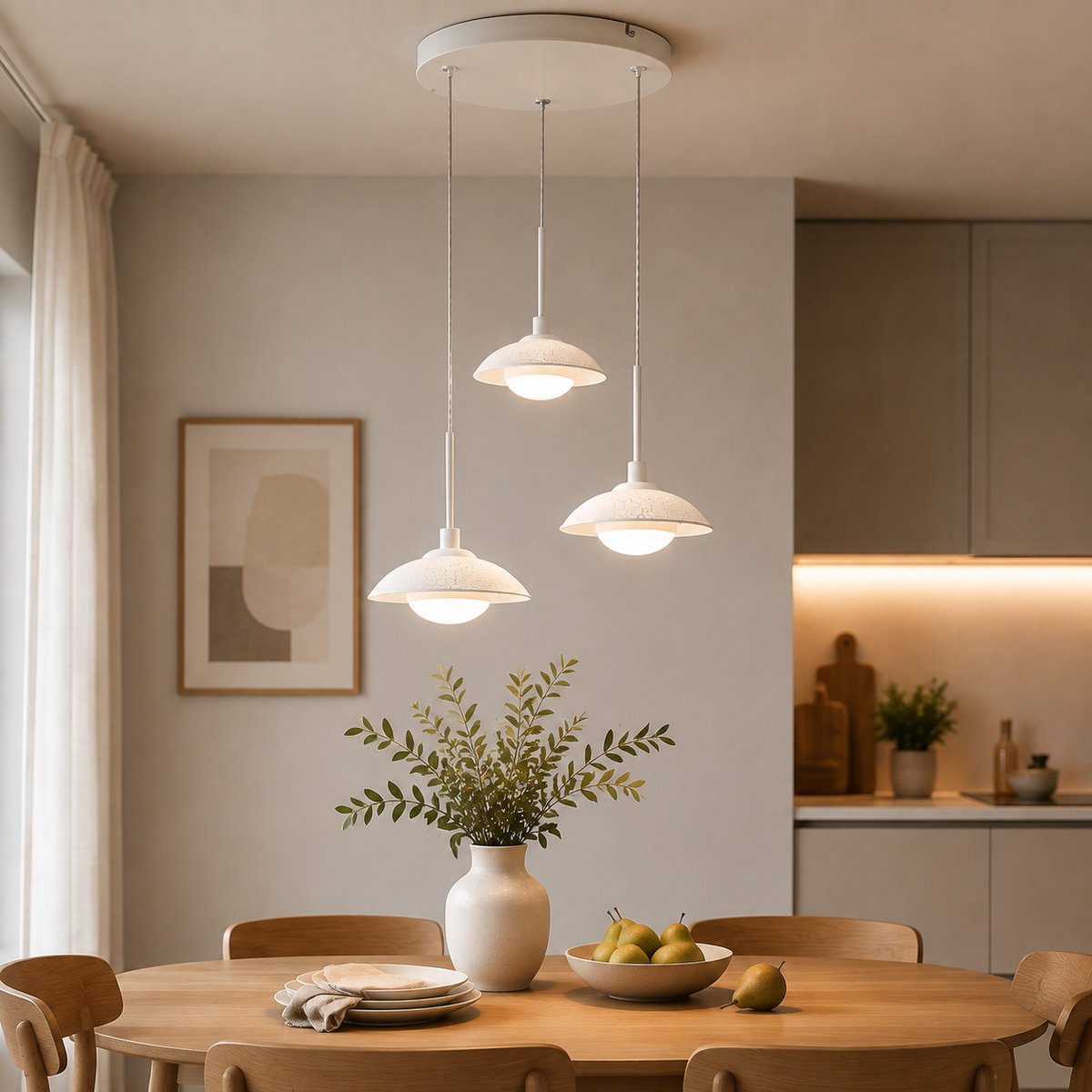 Hanglamp 18W, Glazen LED Plafondlamp, 3-Lichts Pendellamp, Wabi-Sabi, 42x42x150 cm, 4500K, voor Eetkamer Woonkamer - energieklasse C - Zandwit