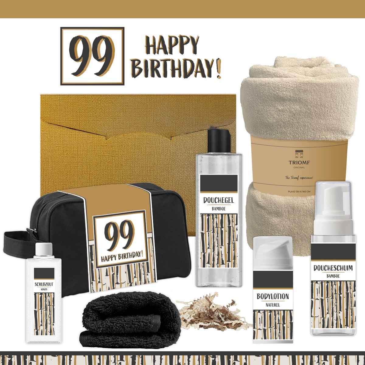 Geschenkset “99 Happy Birthday!” - 7 producten - 1390 gram | Giftset voor hem Vader Negenennegentig jaar Cadeau Luxe Wellness Pakket Man Speciaal Cadeaupakket Doos Handdoeken Fleecedeken Geschenk Cadeaudoos Verjaardag Vriend Gift Douche Beige Goud
