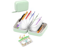 Medicijn Organizer - Pillendoos Etui - 14 Uitneembare Zakjes - 14*11*6 cm - met Kleurcode & Etiket voor 2 Weken - Waterdicht PU Leer met Ritssluiting - Compact Reisetui - voor Medicijnen & Supplementen - Thuis & Onderweg - Groen