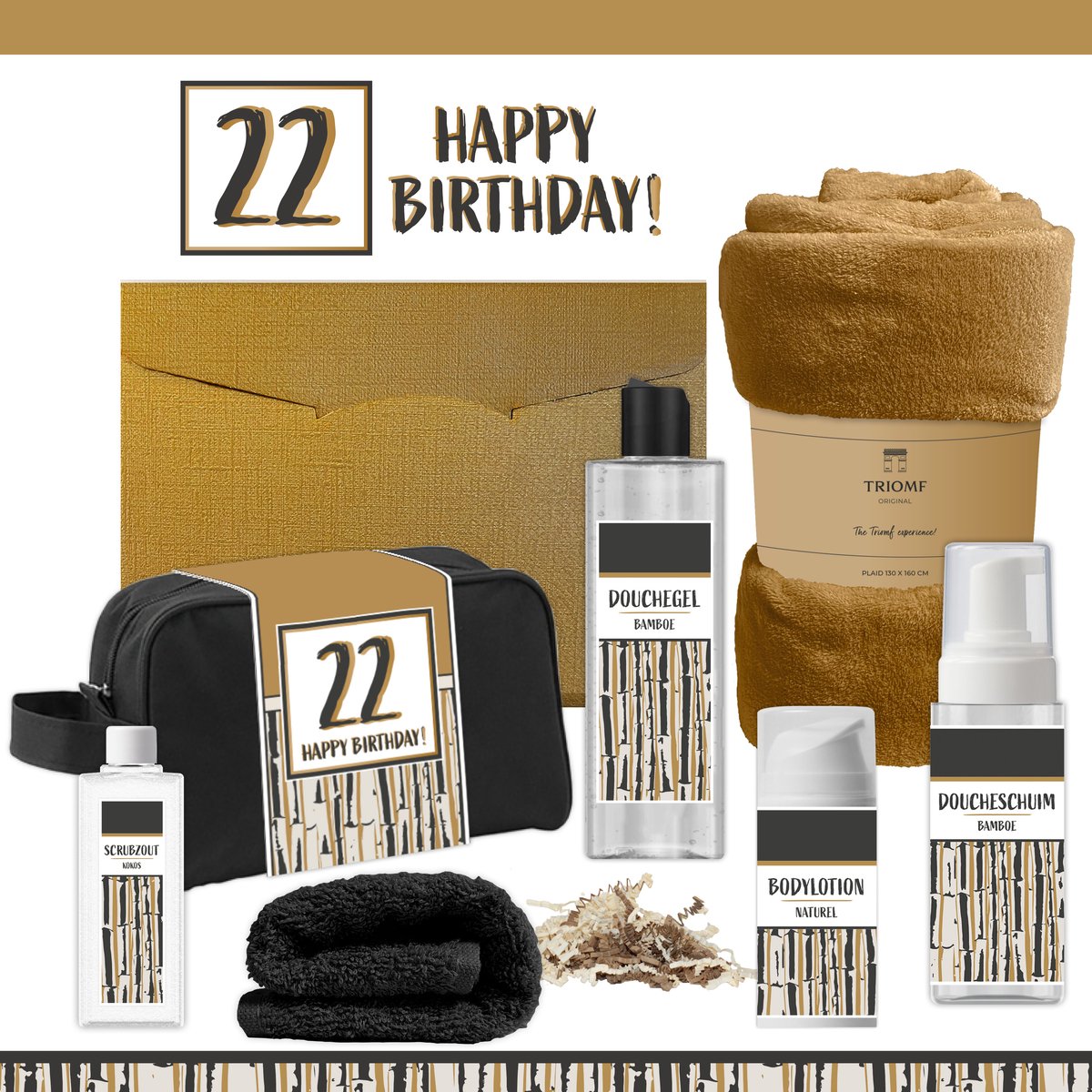 Geschenkset “22 Happy Birthday!” - 7 producten - 1390 gram | Giftset voor hem Vader Papa Tweeëntwintig jaar Cadeau Luxe Wellness Pakket Man Speciaal Cadeaupakket Doos Handdoeken Fleecedeken Geschenk Cadeaudoos Verjaardag Vriend Gift Set Douche Goud