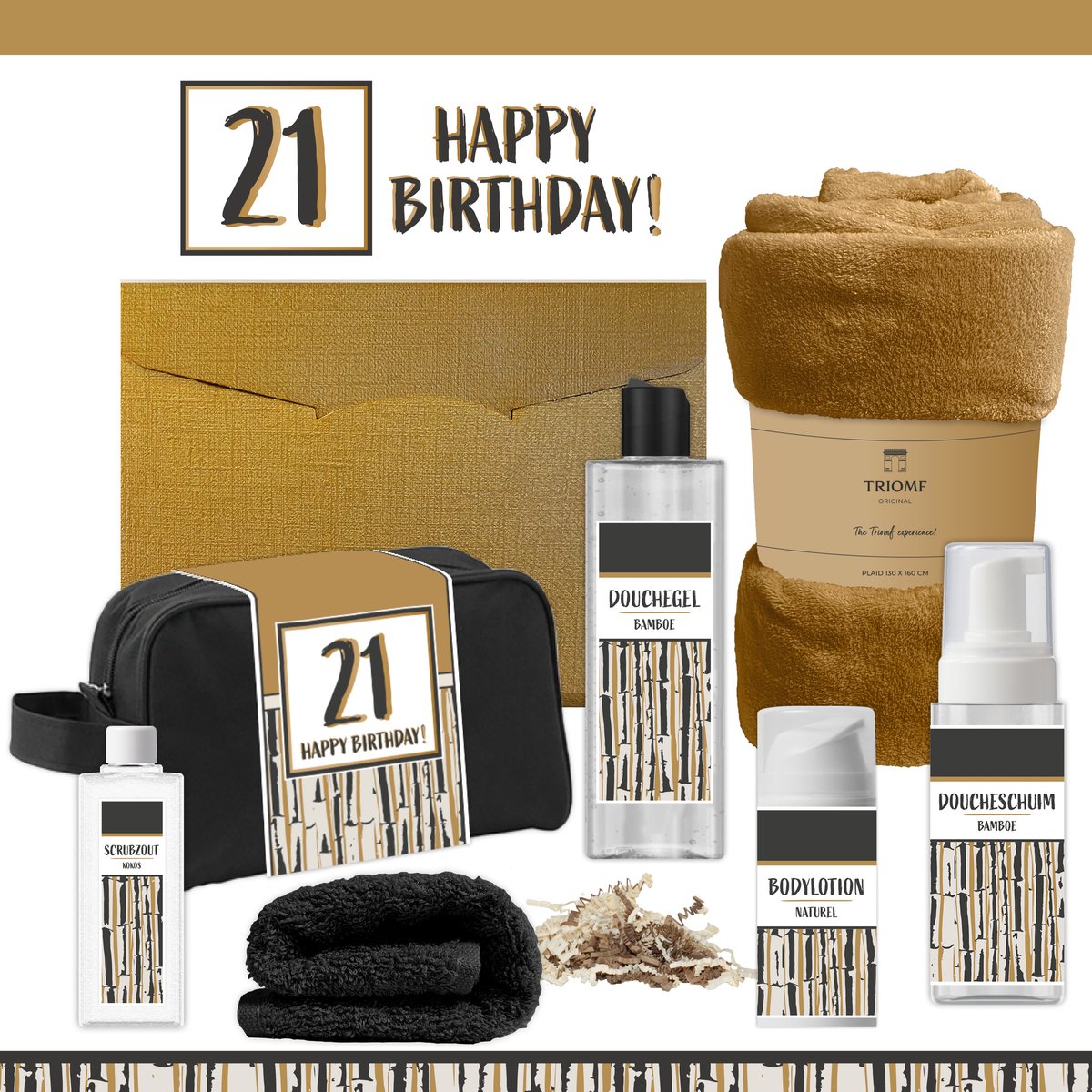 Geschenkset “21 Happy Birthday!” - 7 producten - 1390 gram | Giftset voor hem Vader Papa Eenentwintig jaar Cadeau Luxe Wellness Pakket Man Speciaal Cadeaupakket Doos Handdoeken Fleecedeken Geschenk Cadeaudoos Verjaardag Vriend Gift Douche Goud Goud