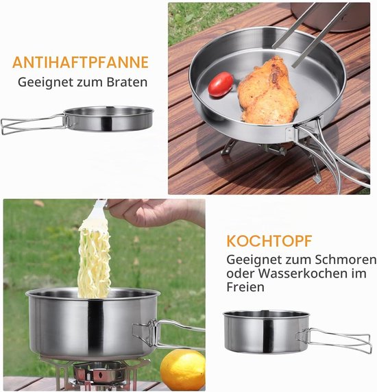 Roestvrijstalen kookgerei set voor op de camping - 4-delig - Kookgerei voor op de camping - Keukengerei - Inclusief draagbaar, opvouwbaar kookgerei en borden - Geschikt voor picknicks, koken op de camping, backpacken en wandelen - Zilverkleurig — afbeelding 2