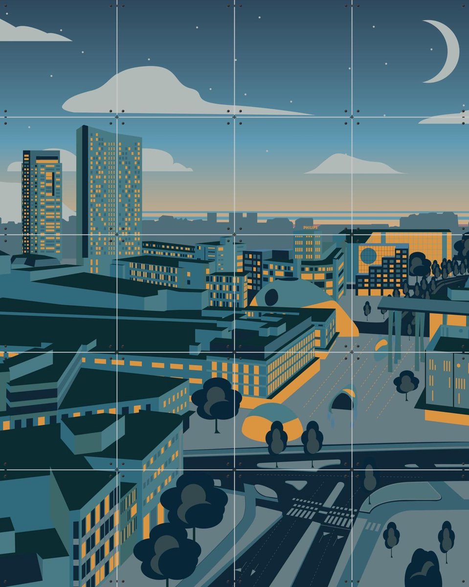 IXXI Eindhoven Skyline Night, Nieki van Diepen & Kunst in Kaart - 80 x 100 cm - Gratis ophangtool - Grote wanddecoratie en posters - Illustraties