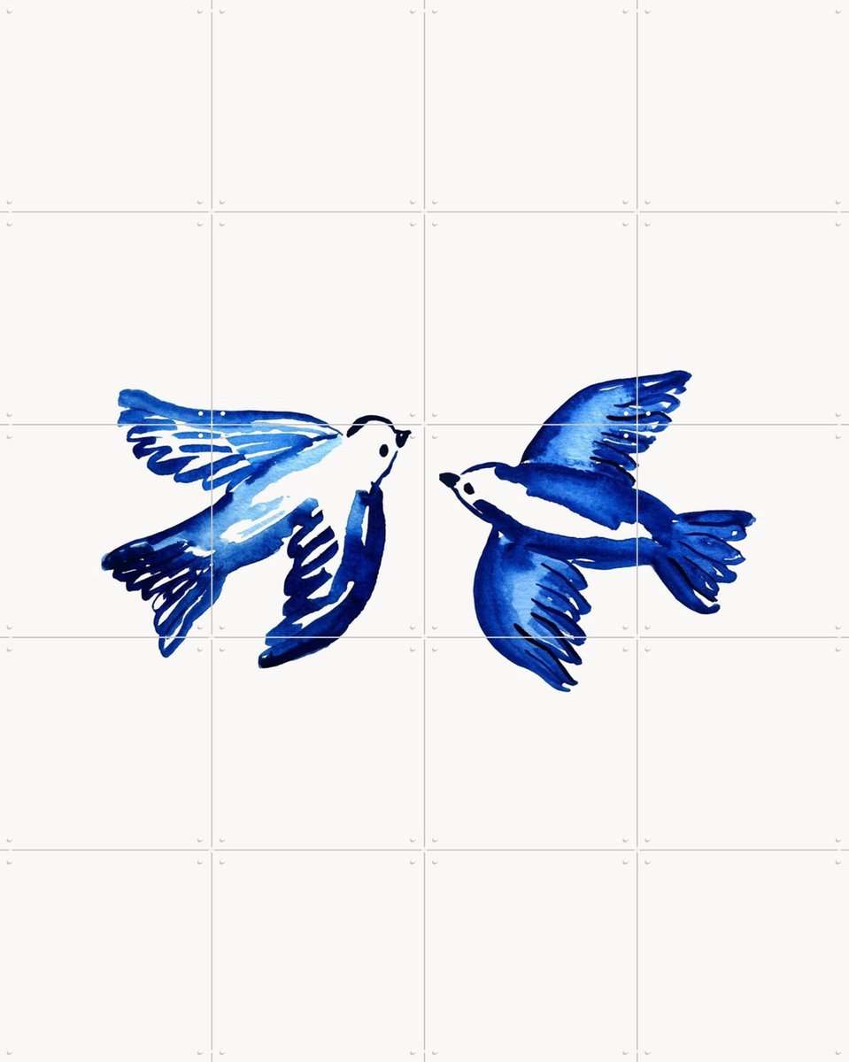 IXXI Blue Portuguese Birds, Palmartprints - 80 x 100 cm - Gratis ophangtool - Grote wanddecoratie en posters - Aquarel, Minimalisme, Slaapkamer