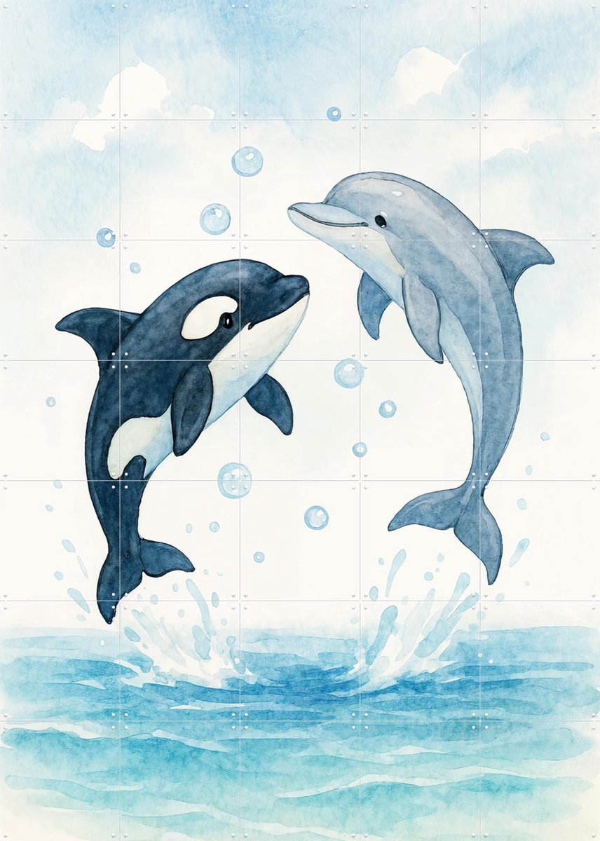 IXXI Dolfijn en Orka Spelen Samen in de Zee, Natalie Bruns - 100 x 140 cm - Gratis ophangtool - Grote wanddecoratie en posters - Fantasierijk