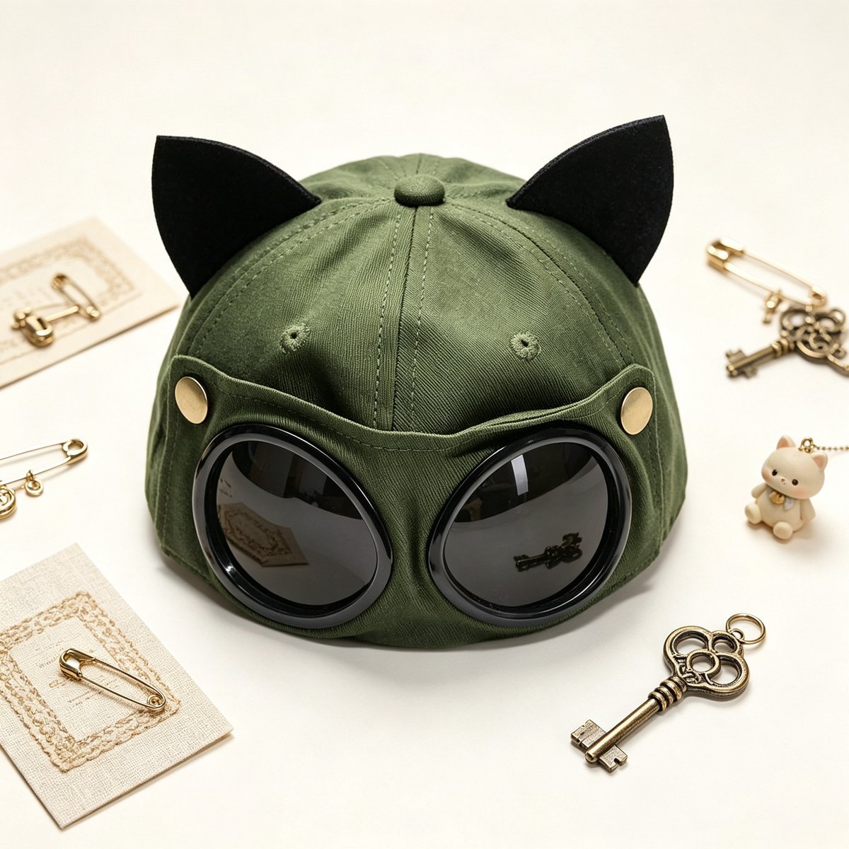 Militairgroene baseballpet/flycap met zonnebril en kattenoortjes jaar geschikt voor een hoofdomtrek van 48-53 cm