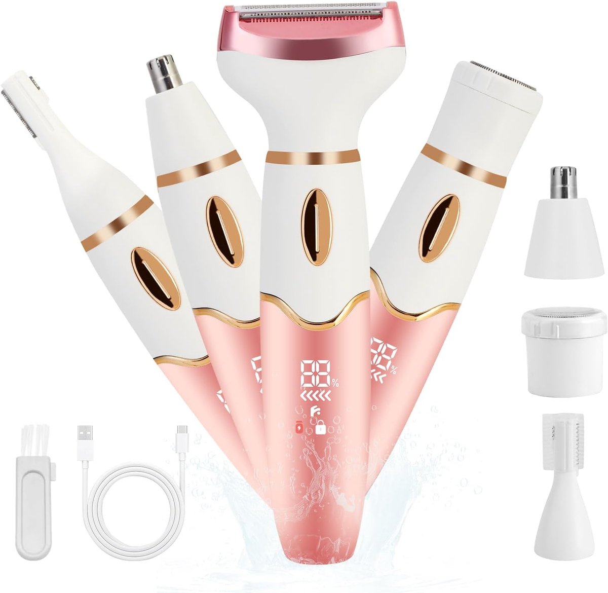 SnelShoppen - Elektrisch Scheerapparaat voor Dames, Draadloos 4-in-1 Bikinitrimmer en Gezichtshaarverwijderaar, IPX7 Waterdicht, Oplaadbaar en Draagba