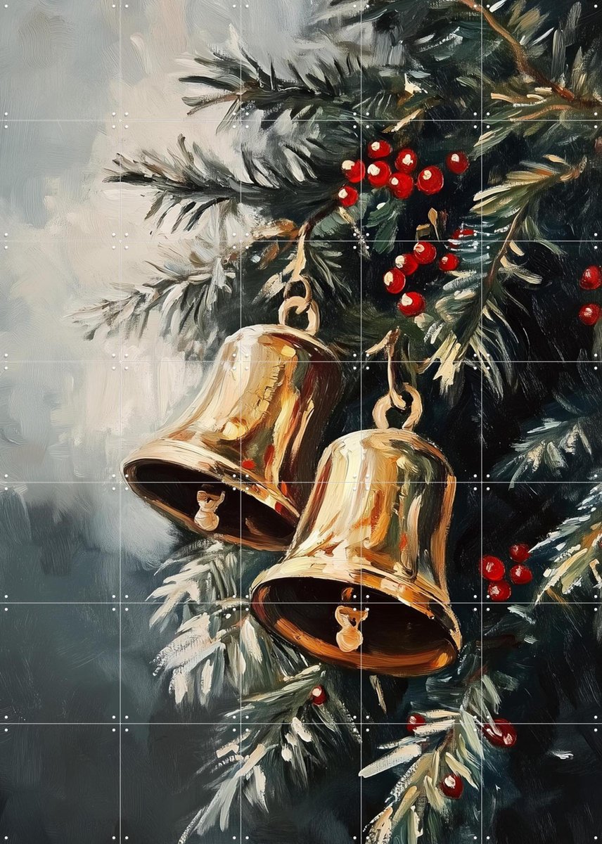 IXXI Christmas Golden Bells, Melloi Art & Various - 100 x 140 cm - Gratis ophangtool - Grote wanddecoratie en posters - Olieverf, Realisme, Woonkamer