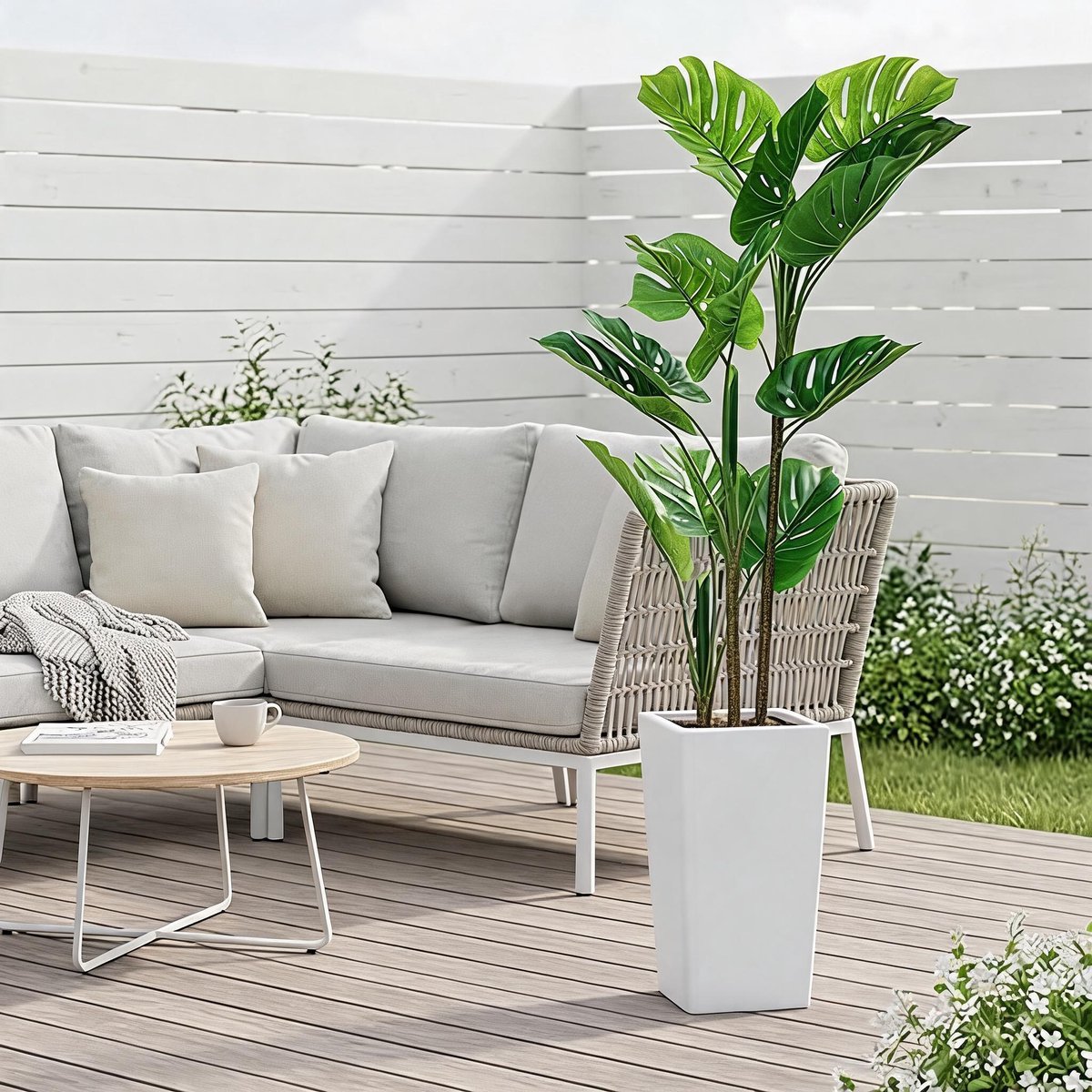 Danky - 137cm Monstera Plant - Natuurlijke Stam - Hoge Witte Stabiliteitspot