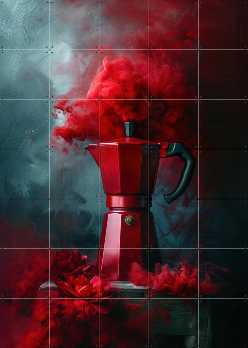 IXXI Italian Bialetti Coffee Percolator Red Smoke, OTTI - 100 x 140 cm - Gratis ophangtool - Grote wanddecoratie en posters - Modern, Digitale Kunst