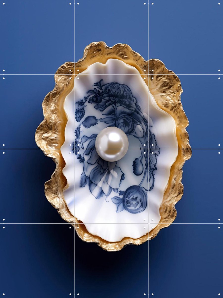 IXXI Delft Blue Oyster with Gold, OTTI - 60 x 80 cm - Gratis ophangtool - Grote wanddecoratie en posters - Klassiek, Vintage, Keuken, Woonkamer, Gang
