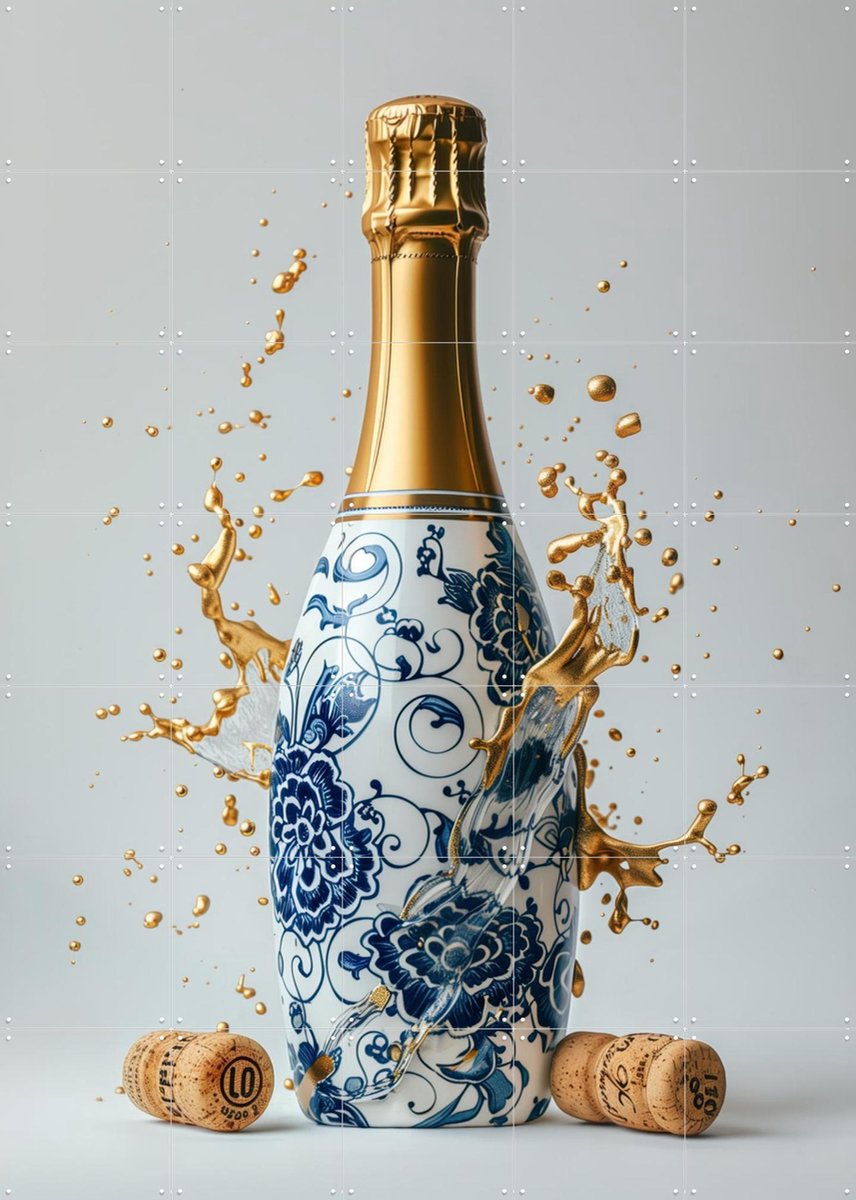 IXXI Delft Blue Champagne Bottle, OTTI - 100 x 140 cm - Gratis ophangtool - Grote wanddecoratie en posters - Digitale Kunst, Speels, Modern, Gang