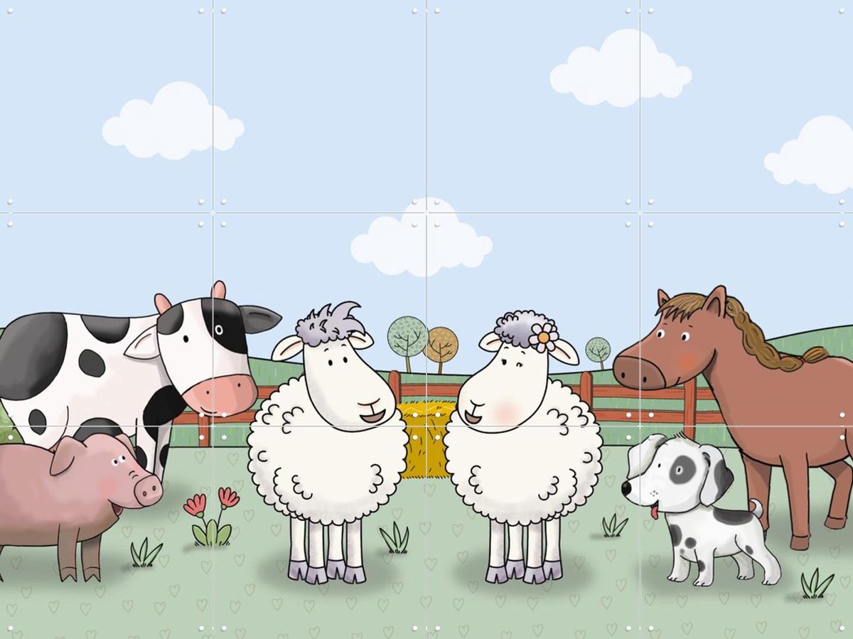 IXXI Mike & Molly op de boerderij, Mike & Molly & Van Hoorne Studios - 80 x 60 cm - Gratis ophangtool - Grote wanddecoratie en posters - Modern