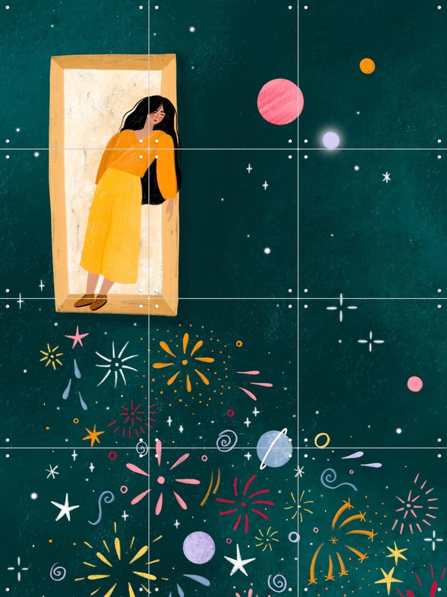 IXXI Yellow Dress Leans From A Window, Bea Müller & Various - 60 x 80 cm - Gratis ophangtool - Grote wanddecoratie en posters - Speels, Pop art