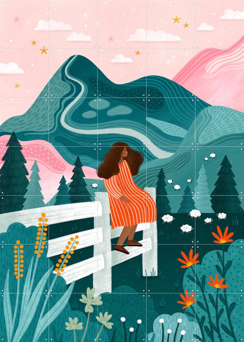 IXXI Dreamy Mountain View, Bea Müller & Various - 100 x 140 cm - Gratis ophangtool - Grote wanddecoratie en posters - Modern, Illustraties