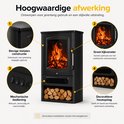 Details van de zwarte elektrische sfeerhaard: metalen constructie, glazen ruit, mechanische bediening, decoratieve houtblokken.