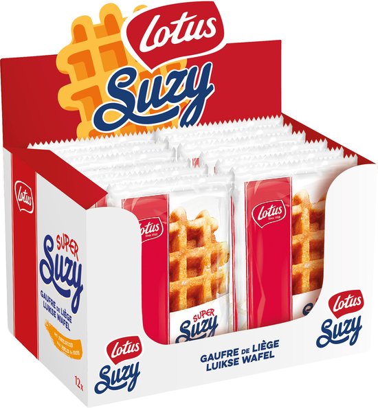 Doos met Lotus Suzy Luikse Wafels, met rode en witte verpakking, 12 stuks.