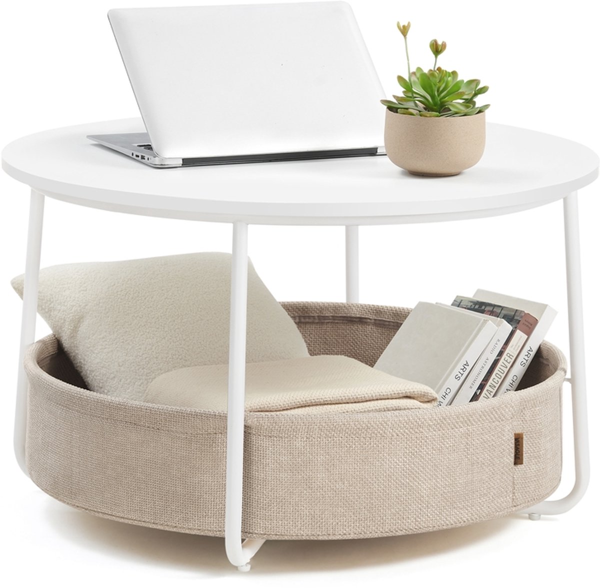 Salontafel met mand van matwitte en camelbruine stof – Mat Wit/camelbruin