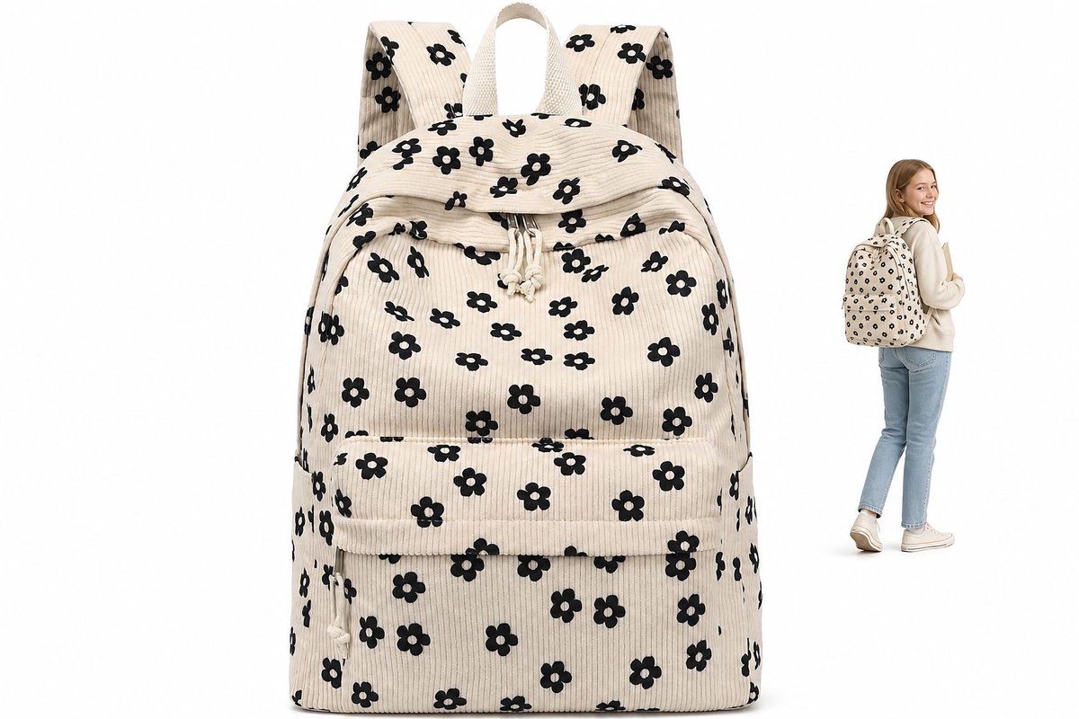 VHV - Meisjesrugzak corduroy 30 liter - Roze bloemenrugzak voor 14-inch laptop, school en reizen