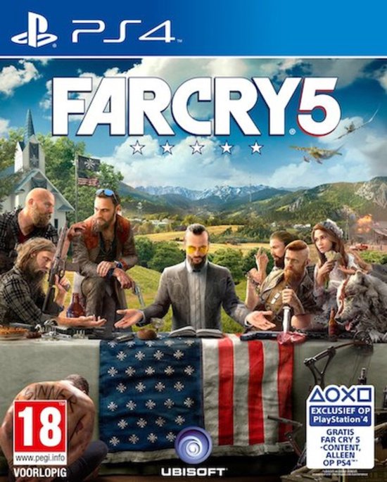 Far Cry 5 PS4 gamehoes met 7 personen en een hond aan een tafel, met vlag en bergen op de achtergrond. 18+ en Ubisoft logo's.